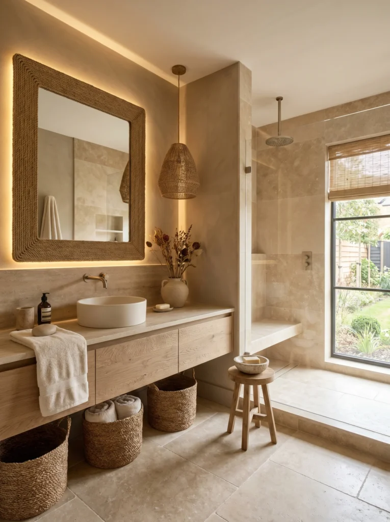 Earthy spa bathroom with rope-framed mirror, oak vanity, stone shower bench, and garden view.
