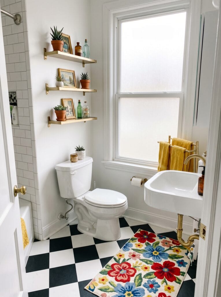 bright bathroom with black-and-white checkerboard floor, three brass floating shelves styled with plants and vintage art, a colorful floral bath mat, and gold towels