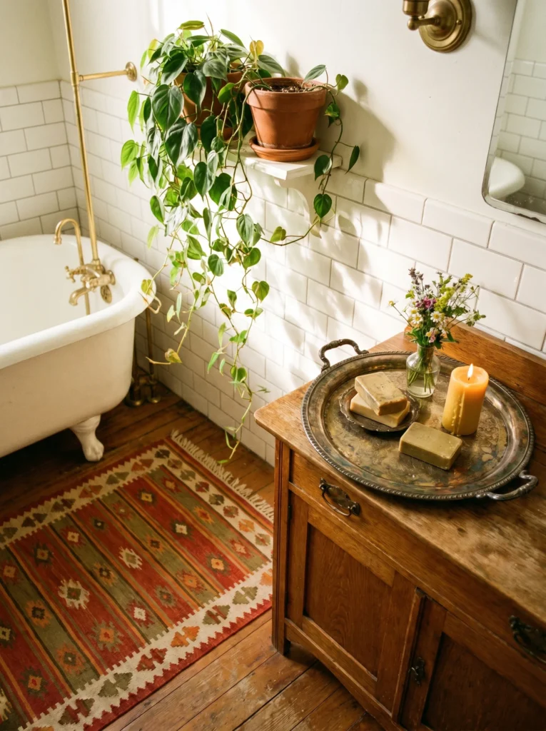  a trailing green plant, a patterned flat-weave rug, and a tarnished antique brass tray bringing warmth to a classic bathroom
