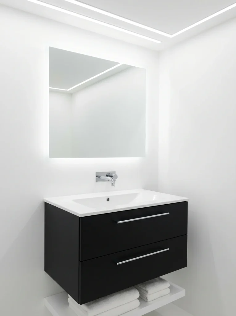 Matte black floating 24-inch two-drawer vanity with white integrated ceramic sink and backlit square mirror in an all-white bathroom.