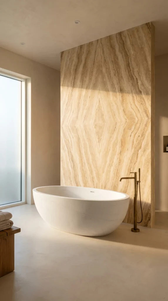 A minimalist wet room with seamless warm taupe microcement on walls and floor, a brushed brass rainfall shower head and handheld, a simple wood stool, a low built-in bench, a tall window to a garden, soft daylight raking across the textured walls