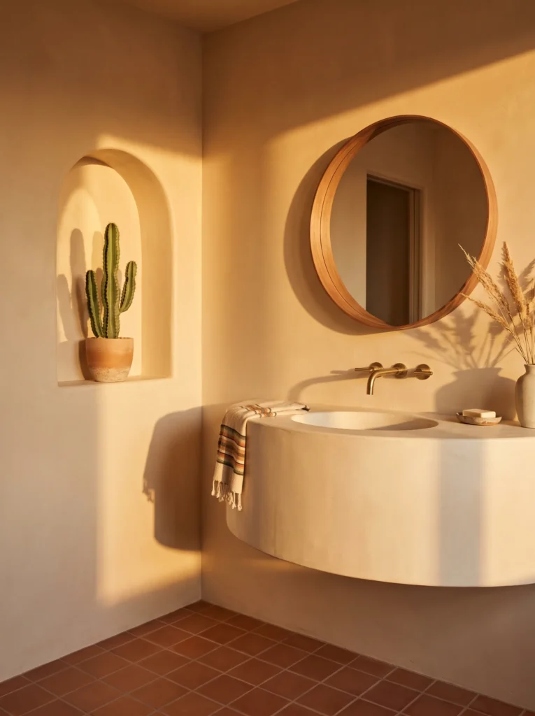 desert modern guest bathroom with adobe plaster walls, arched niche holding a cactus, curved plaster sink, and terracotta floor