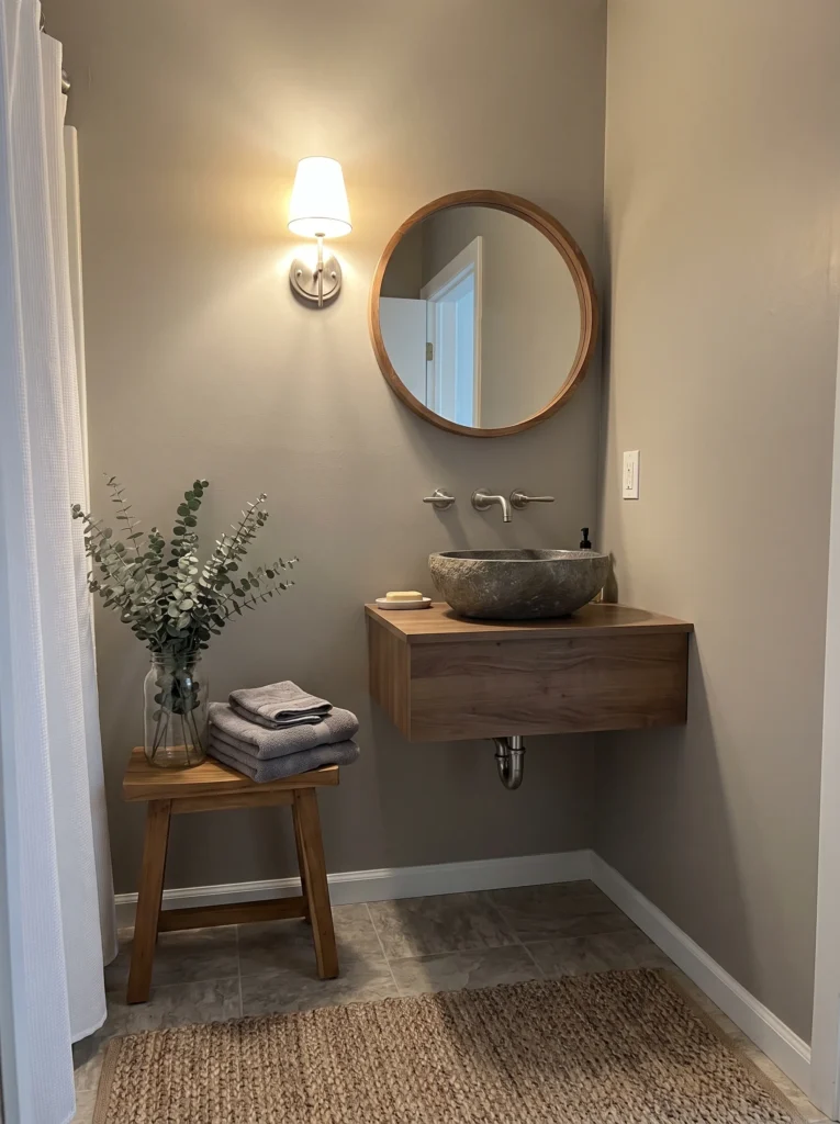 Warm greige bathroom with floating wood vanity, natural stone vessel sink, round wood mirror, wall sconce, wood stool, and jute rug