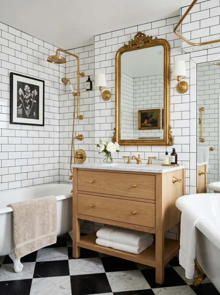 Vintage bathroom with white subway tile, black-and-white checkered floor, oak vanity, and gold mirror.
