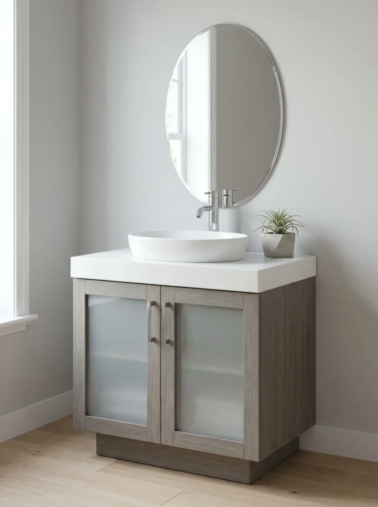 Gray oak 24-inch vanity with frosted glass cabinet doors, round white vessel bowl, white countertop, and frameless oval mirror.