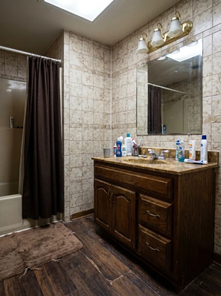 Before photo of a dark bathroom with floor-to-ceiling beige marble-look tile, dark oak vanity, and a brown shower curtain