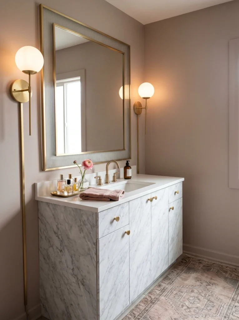 Pink-beige bathroom with a gold framed mirror flanked by two brass globe sconces, marble vanity with brass knobs, perfume tray, vintage pink rug