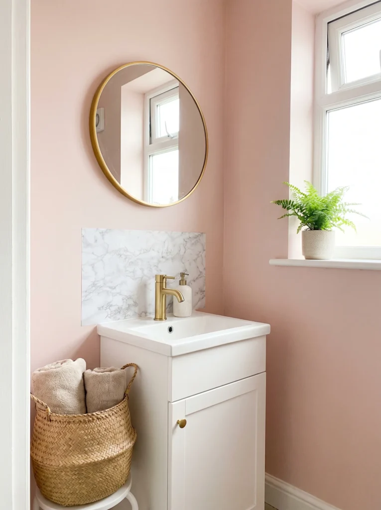Soft blush pink bathroom with white vanity, round gold mirror, marble peel-and-stick backsplash, gold faucet, and seagrass basket of towels