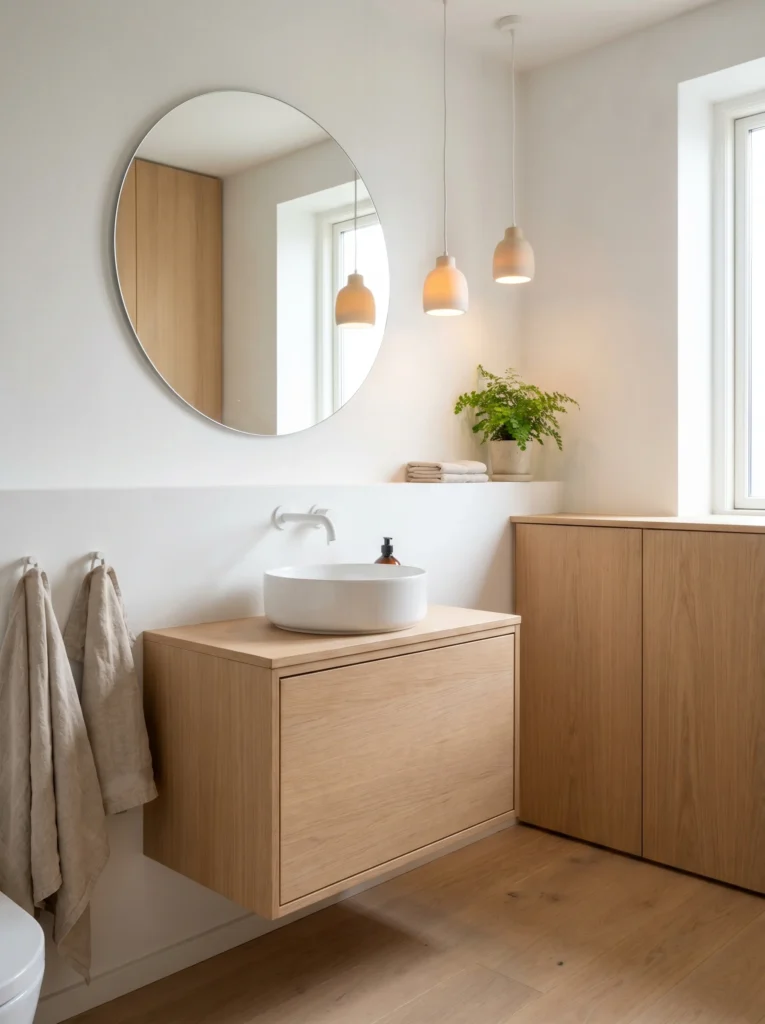 Minimalist Scandinavian bathroom with light oak vanity, round mirror, white vessel sink, and pendant lights.