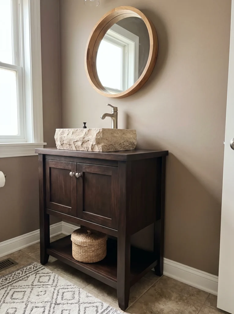 Rustic stone vessel sink on a dark espresso wood vanity