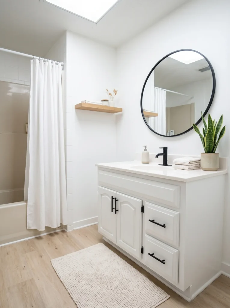 After photo of the same bathroom lightened with white painted vanity, matte black hardware, round mirror, a floating shelf, and pale wood floors