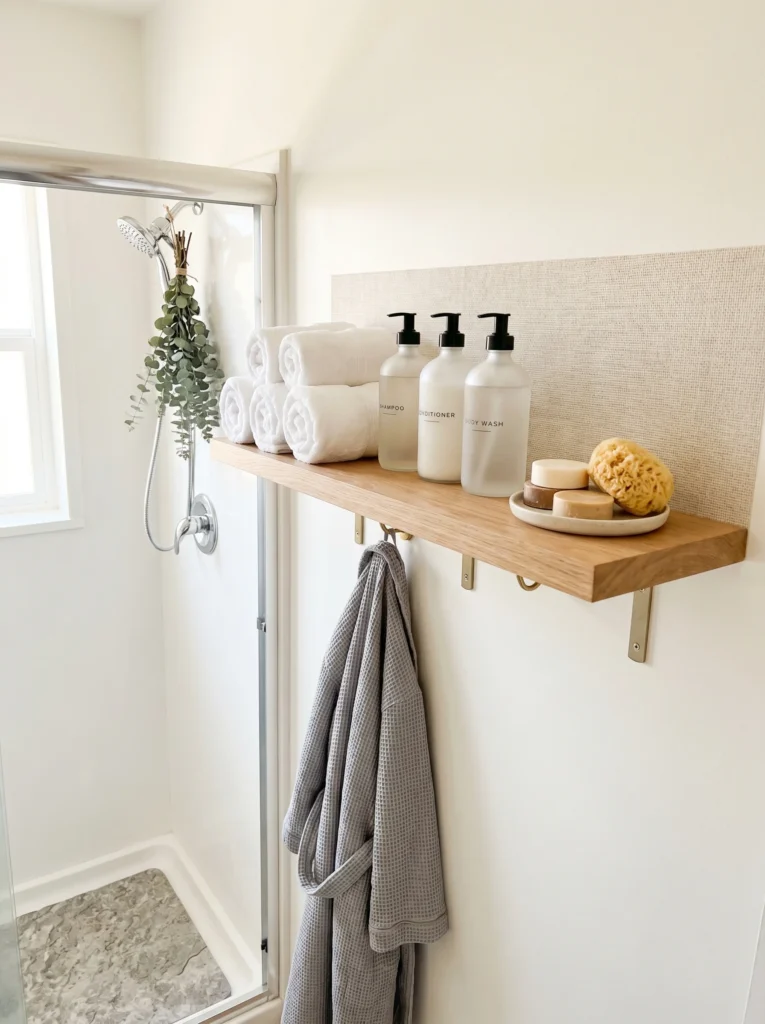 White bathroom shower corner with a wood floating shelf holding rolled towels, labeled frosted dispensers, soaps, and a sponge, eucalyptus on the showerhead