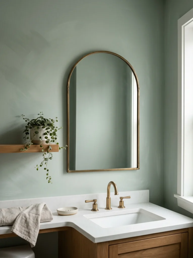 Bathroom with soft muted sage green walls, white quartz vanity top on a wood vanity, arched brass mirror, trailing plant on a floating wood shelf, brass faucet, ceramic soap dish, and a linen towel