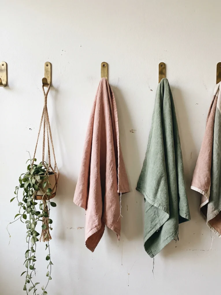 A row of five brass wall hooks on a white wall, each holding a textured towel in dusty pink and sage green, with a trailing plant in a macrame hanger on the far left hook