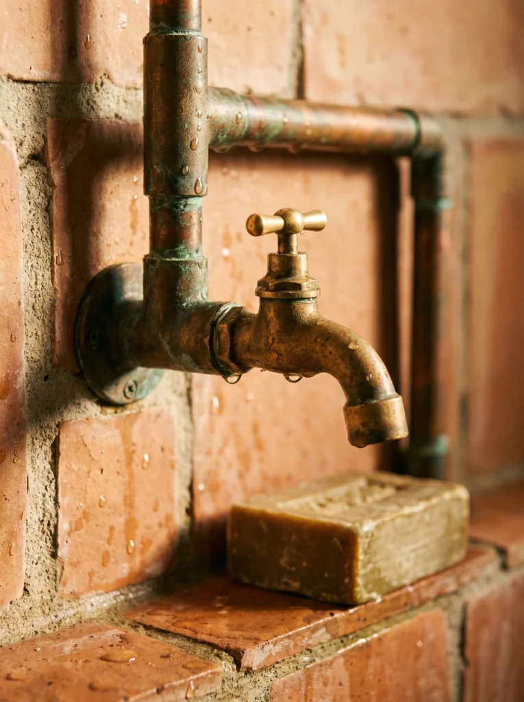 Close-up of an aged brass wall faucet and exposed pipe with green patina against a terracotta tile wall, with a bar of olive soap and water droplets