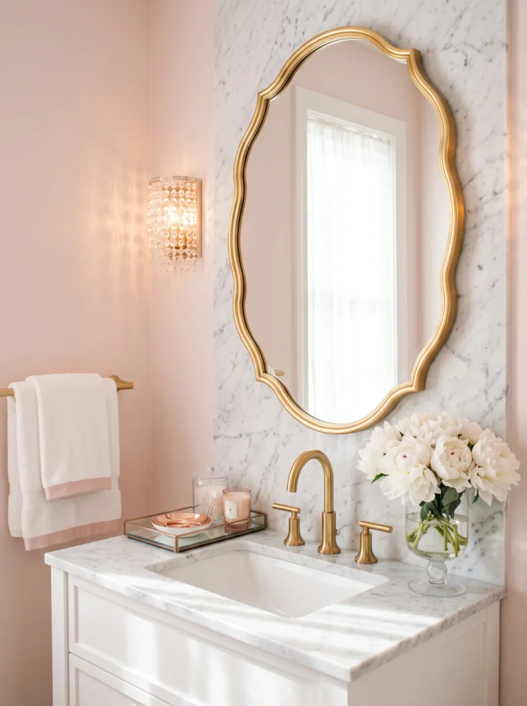 soft pink glam guest bathroom with marble slab wall, scalloped gold mirror, crystal sconce, and white peonies