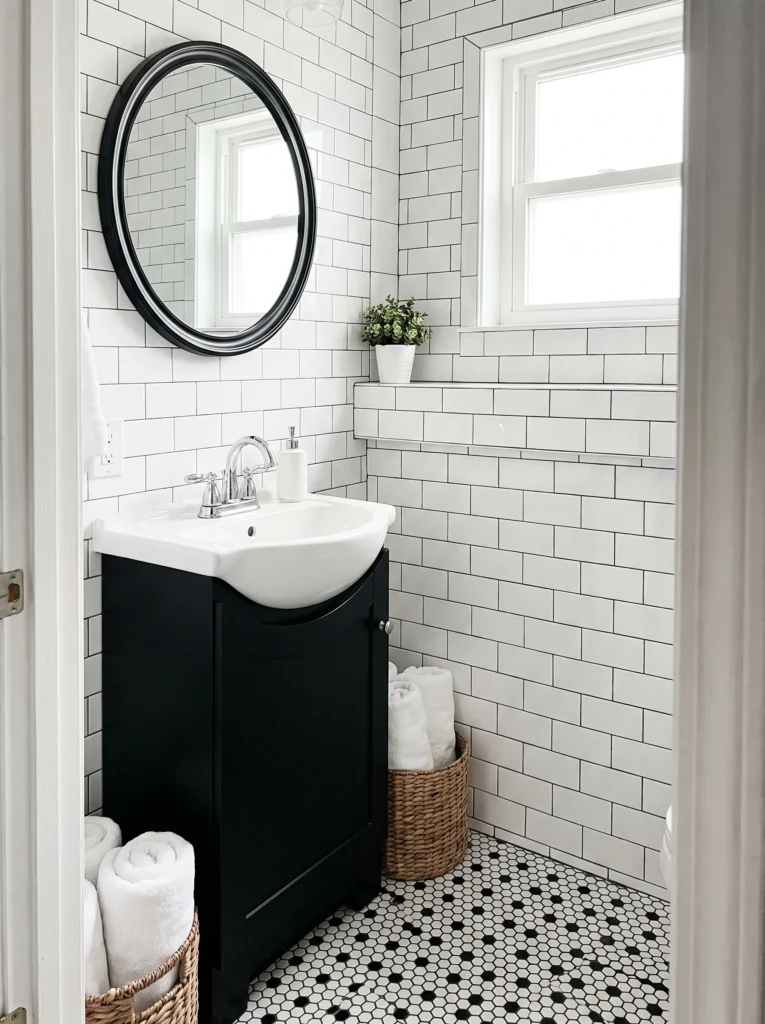Black and white bathroom with white subway tile, black vanity, white sink, black round mirror, chrome faucet, and black-and-white hexagon floor