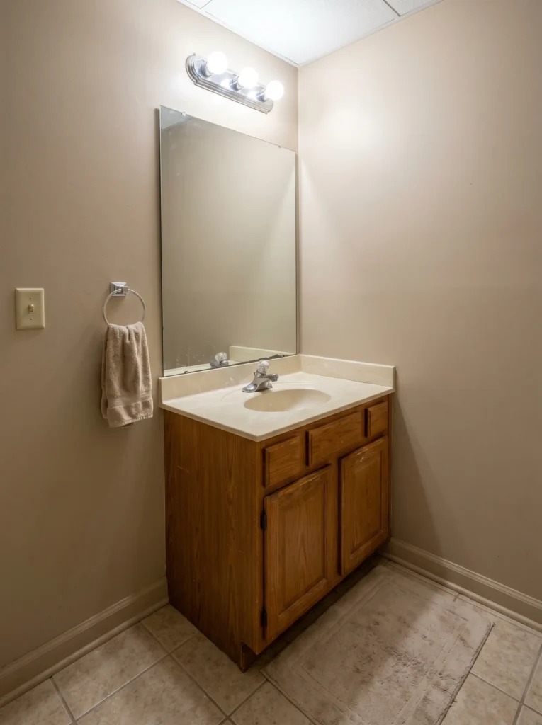 Before photo of a forgettable powder room with flat greige walls, a scuffed oak vanity, and dirty builder tile