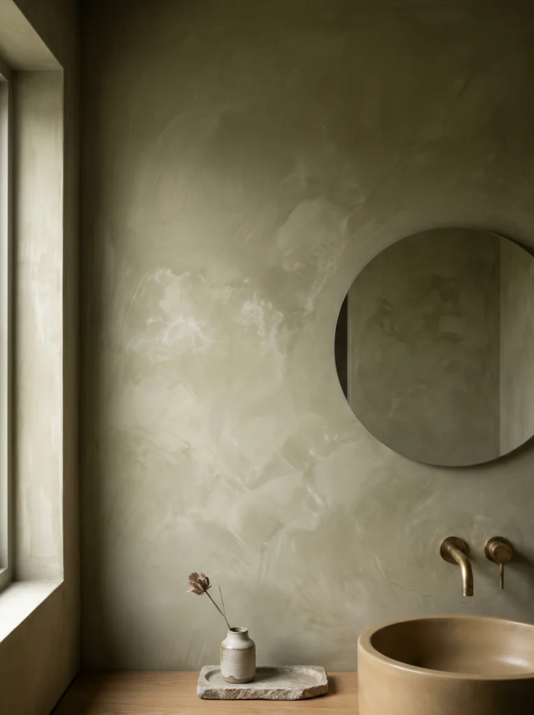 Bathroom with walls in a textured limewash finish in a soft olive-clay tone, cloudy brushy color variation, round dark mirror, wood vanity, stone tray with a small vase and dried flower, and a warm raking light from the window