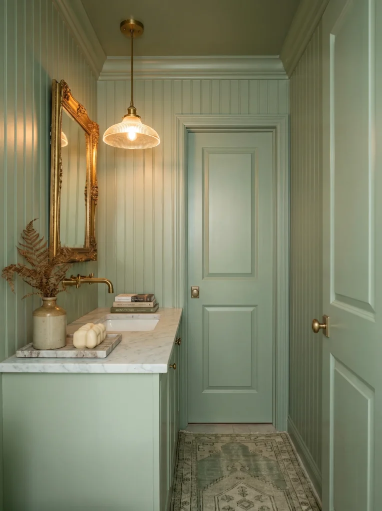Narrow powder room fully painted mint green with beadboard walls, an ornate gold mirror, ribbed glass pendant light, marble tray, vintage runner