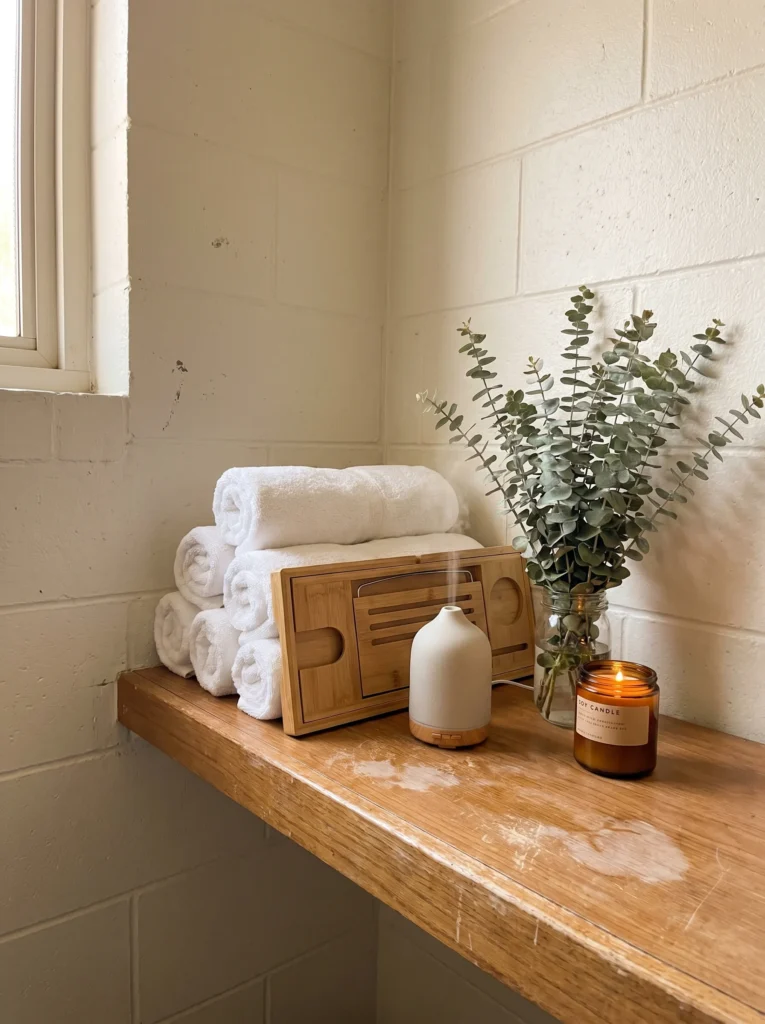 A wooden shelf in a cinderblock bathroom holding rolled white towels, a bamboo bath tray, a white ceramic diffuser releasing mist, a glass jar of eucalyptus, and a lit amber soy candle, with soft light from a side window