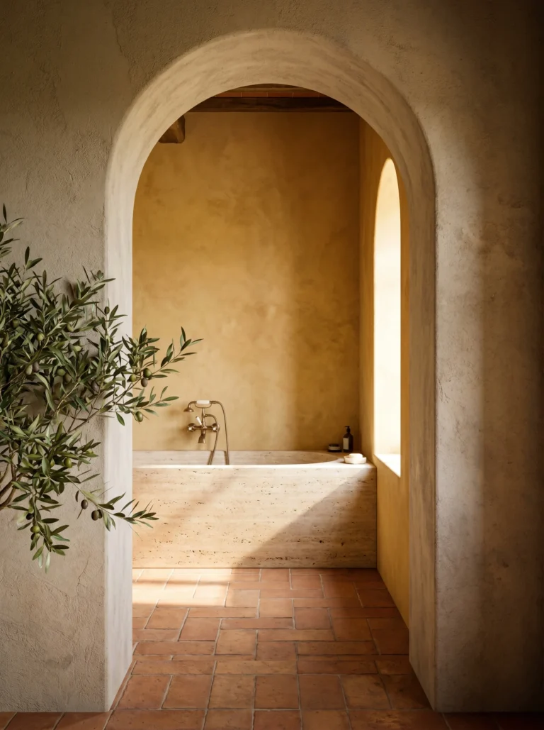 View through a stucco arched doorway into a Tuscan bathroom with a travertine tub, warm ochre walls, terracotta floor, and an olive branch in the foreground