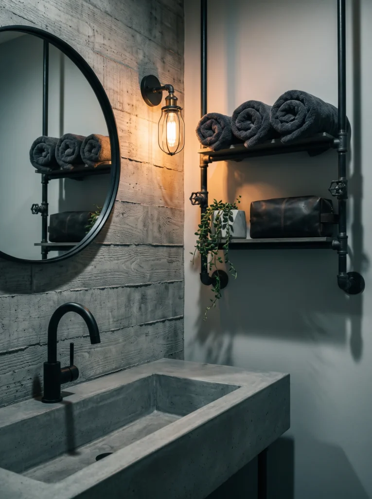industrial guest bathroom with board-formed concrete wall, concrete trough sink, black pipe shelving, and caged Edison sconce