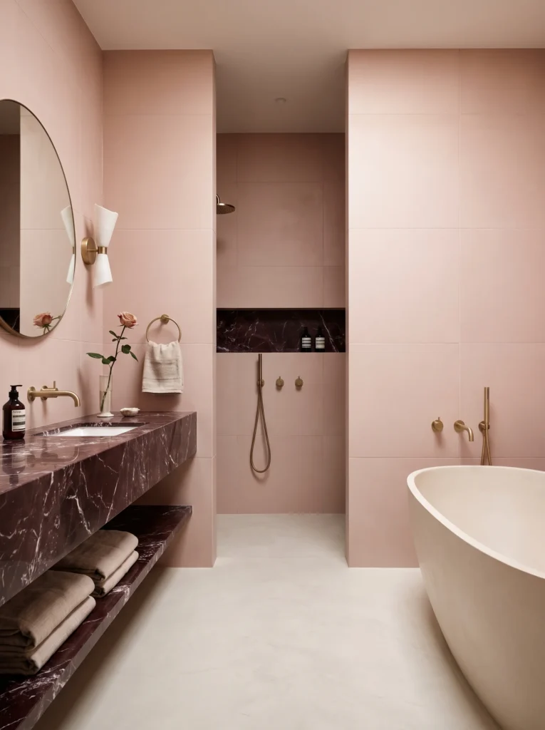 bright bathroom with lower sage-green square tiles, upper white marble, arched niche with brass-edged shelves, stone tub under a frosted window, herringbone floor