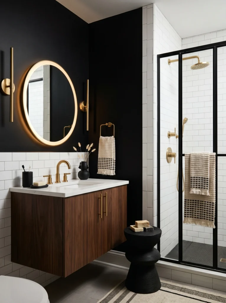 Dramatic bathroom with black accent wall, walnut vanity, round lit mirror, and white subway tile shower.
