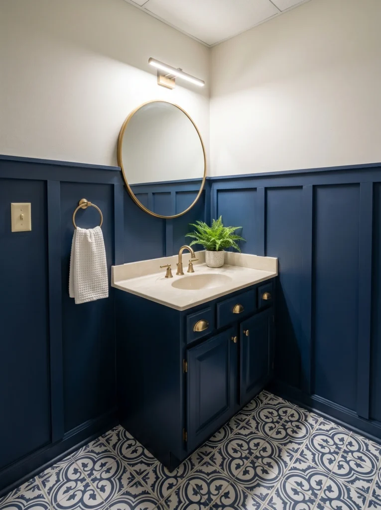 After photo of the same powder room elevated with navy board-and-batten millwork, brass cup pulls, a gold round mirror, and blue patterned floor