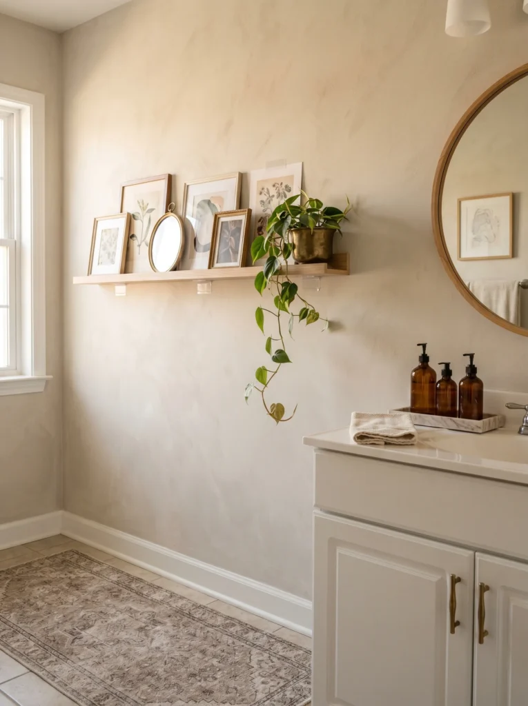 Beige plaster bathroom wall with a long wood picture ledge holding layered framed botanical prints, a small mirror, and a trailing plant beside a round mirror