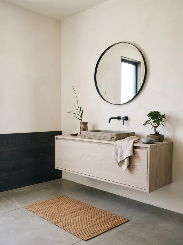 japandi guest bathroom with off-white walls, black charred wood band, pale ash floating vanity, and raw stone trough basin
