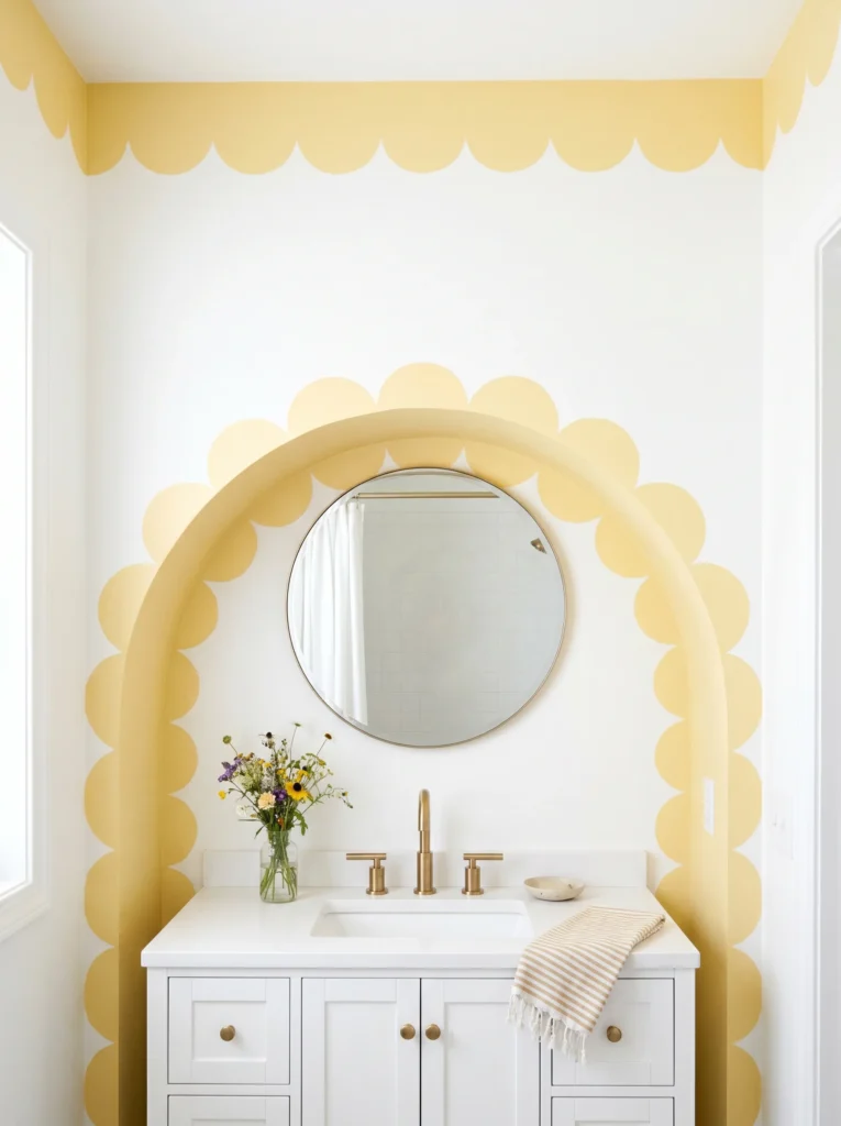 White bathroom with a hand-painted buttery yellow scalloped border along the top of the walls and a matching scalloped arch framing the vanity, round brass mirror, white shaker vanity, gold faucet, wildflowers, and a striped towel