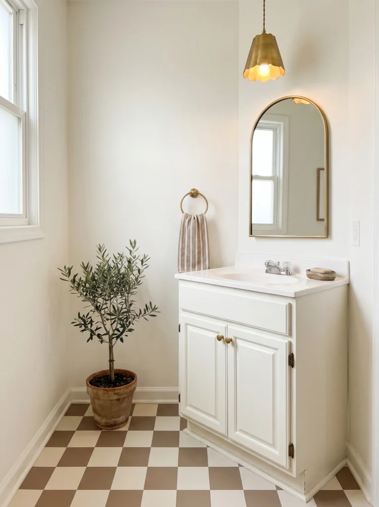 Bright bathroom with a taupe and cream checkerboard painted floor, white vanity, brass arched mirror, scalloped brass pendant, potted olive tree