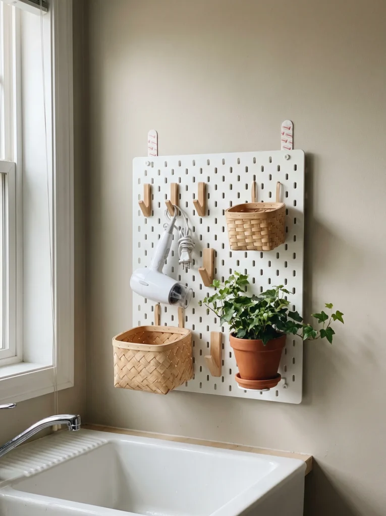 A rust-colored canvas wall pouch with cream trim hanging from a wooden peg on a warm plaster wall, holding a bamboo toothbrush, travel bottles, and a cream waffle towel, lit by soft directional window light