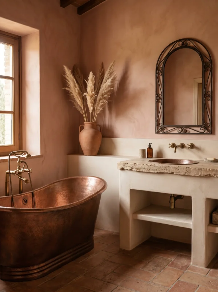 Tuscan bathroom with dusty terracotta-pink plaster walls, a hammered copper soaking tub, brass fixtures, an ornate iron mirror, and pampas in a terracotta urn