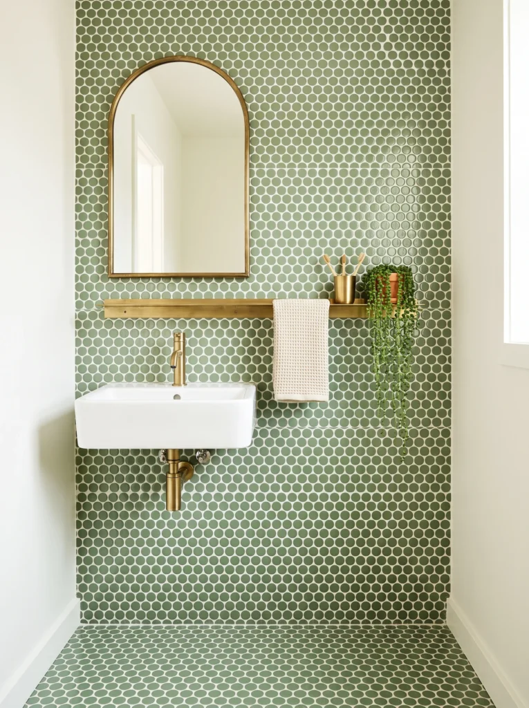 guest bathroom with sage green penny-round tile on wall and floor, brass arched mirror, brass shelf, and white wall-mounted sink