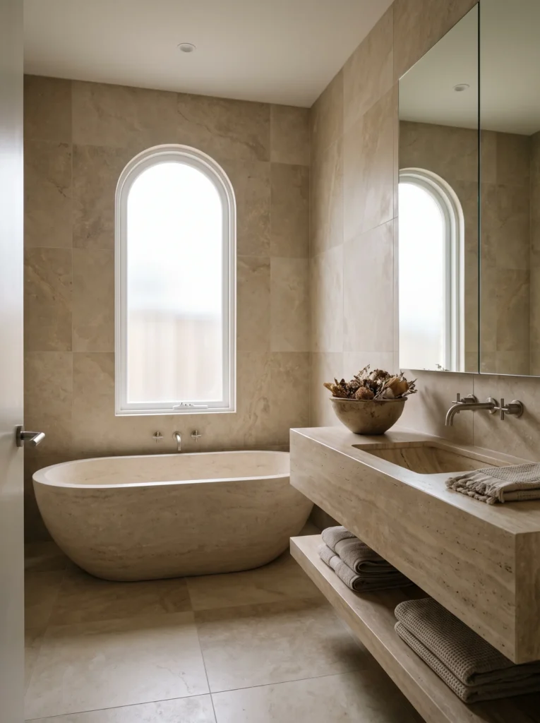serene bathroom in warm limestone-look large-format tile, oval stone tub under an arched window, travertine vanity, mirrored cabinet, dried botanicals