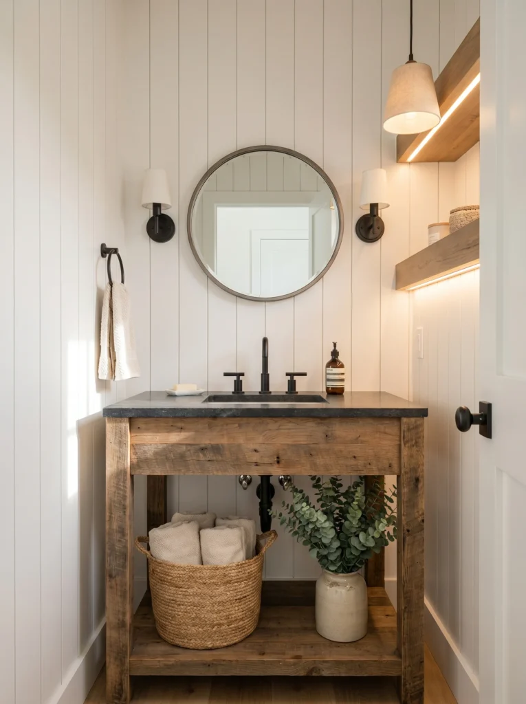 Farmhouse powder room with white shiplap walls, reclaimed wood vanity, round mirror, and black fixtures.