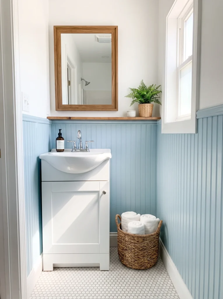Cottage bathroom with light blue beadboard wainscoting, white walls, white vanity, wood-framed mirror, white hexagon floor, and seagrass basket