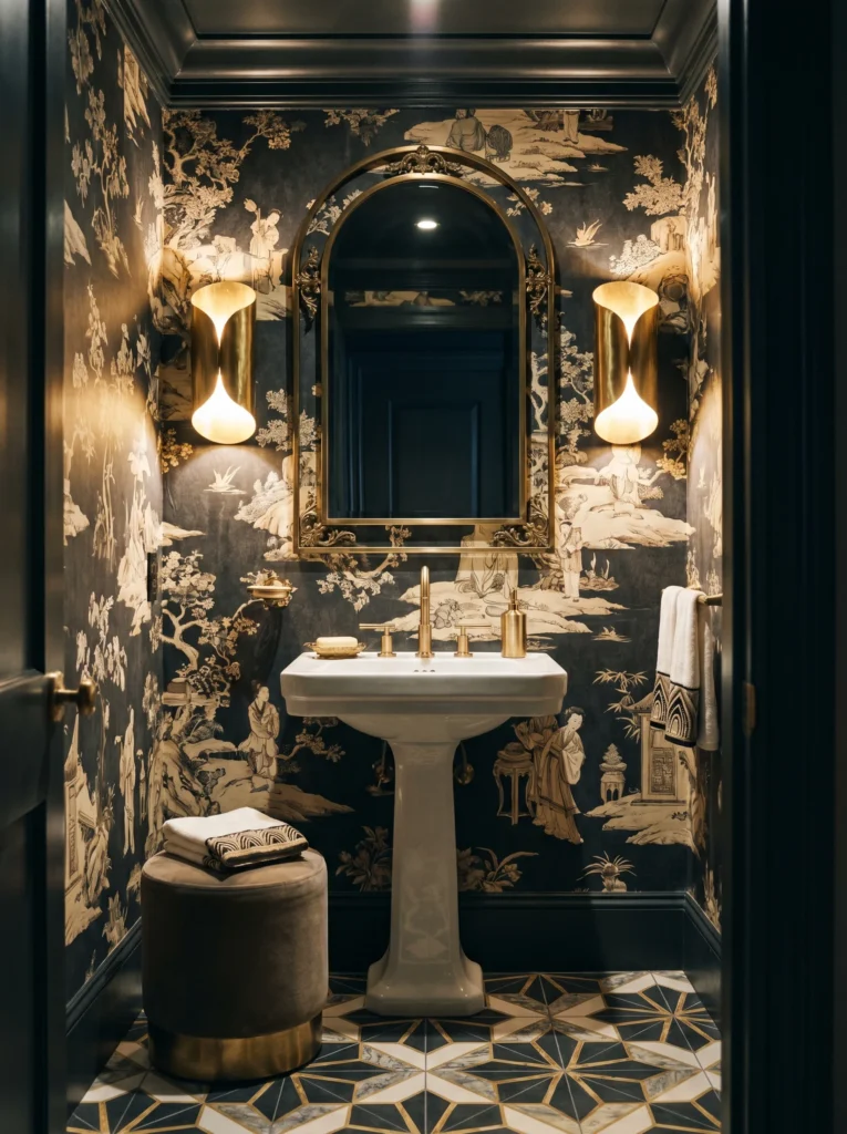 Dark glam powder room with navy chinoiserie wallpaper, arched gold mirror, pedestal sink, and star-patterned floor.