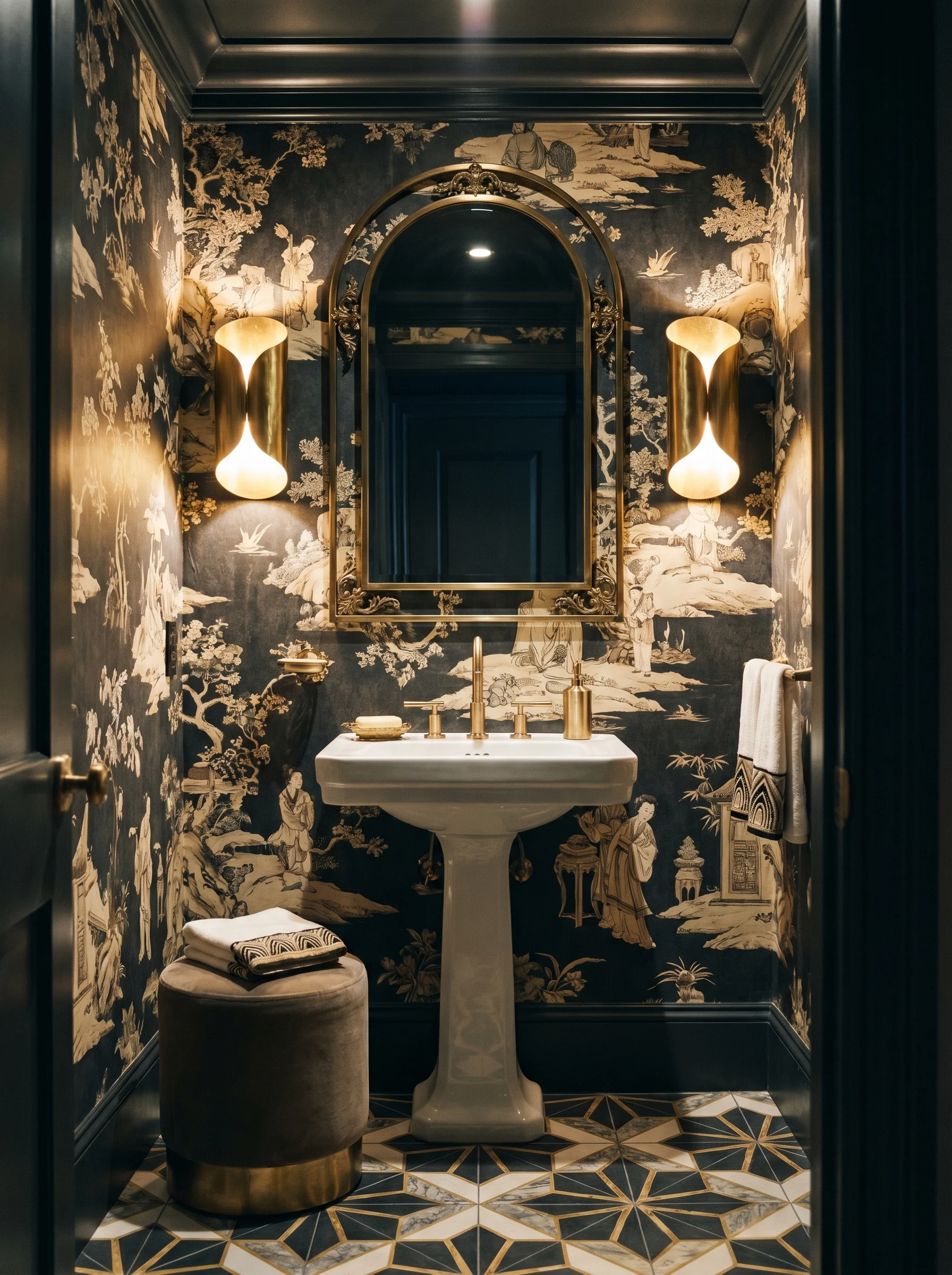 Dark glam powder room with navy chinoiserie wallpaper, arched gold mirror, pedestal sink, and star-patterned floor.