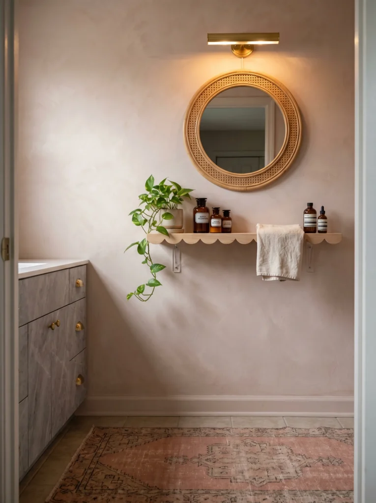 Pink plaster bathroom wall with a round cane mirror, brass picture light, and a scalloped wood floating shelf holding amber bottles and a trailing plant