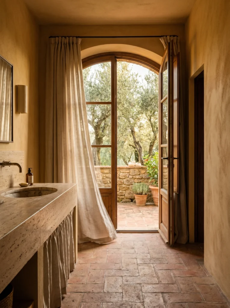 Tuscan bathroom opening through tall arched glass doors onto a terracotta terrace with olive trees and a stone wall, with a travertine vanity and linen curtains