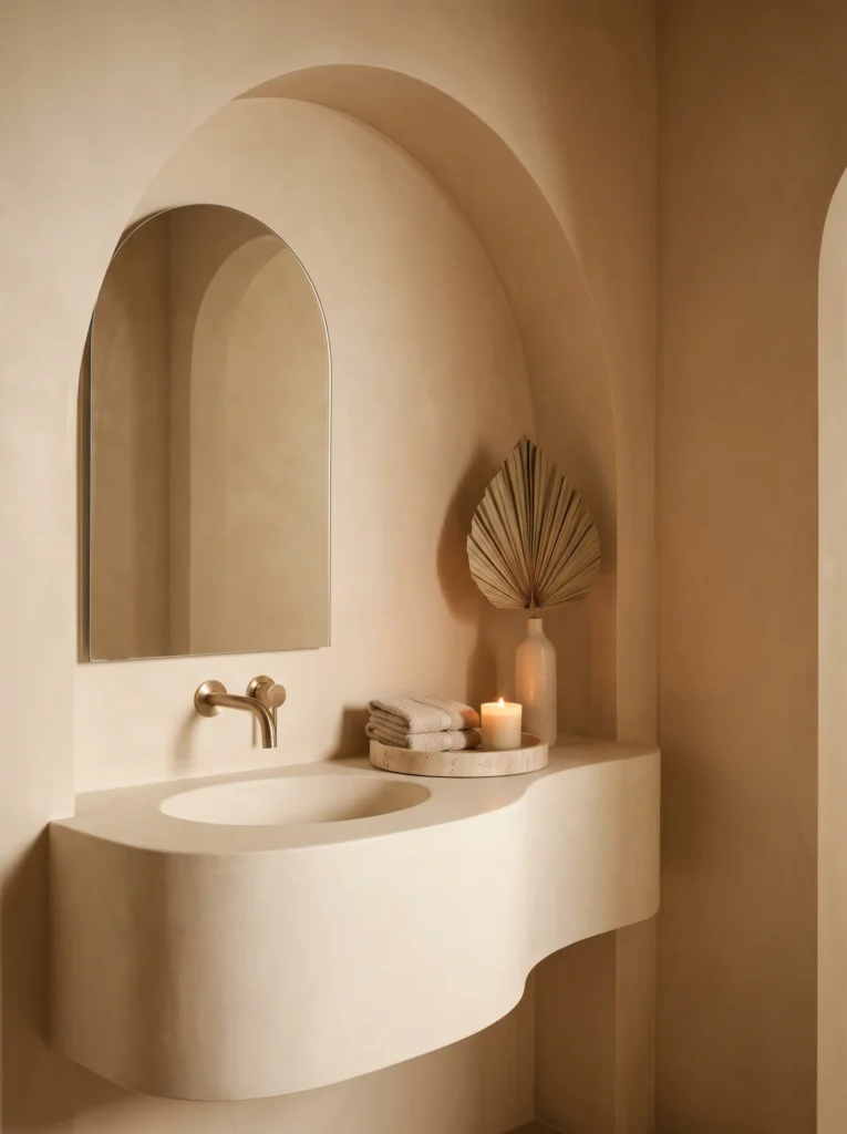 warm caramel plaster guest bathroom with arched alcove, curved floating plaster sink, brushed brass faucet, and dried palm fan