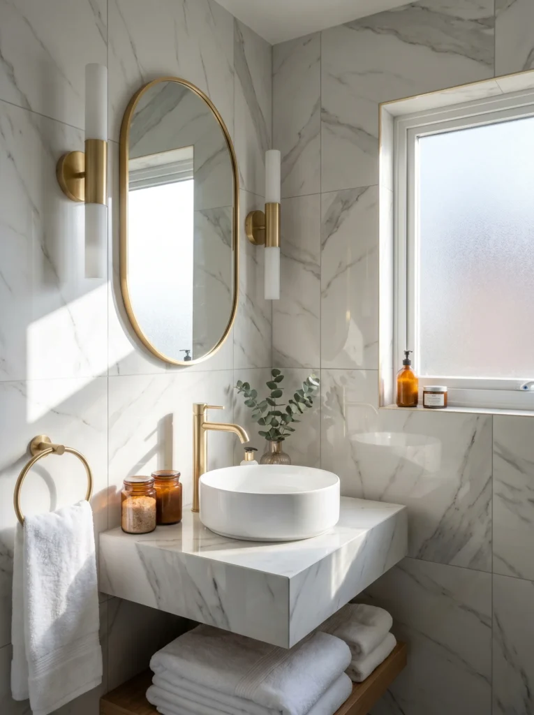 Marble powder room with gold oval mirror, white vessel sink, brass fixtures, and frosted window.