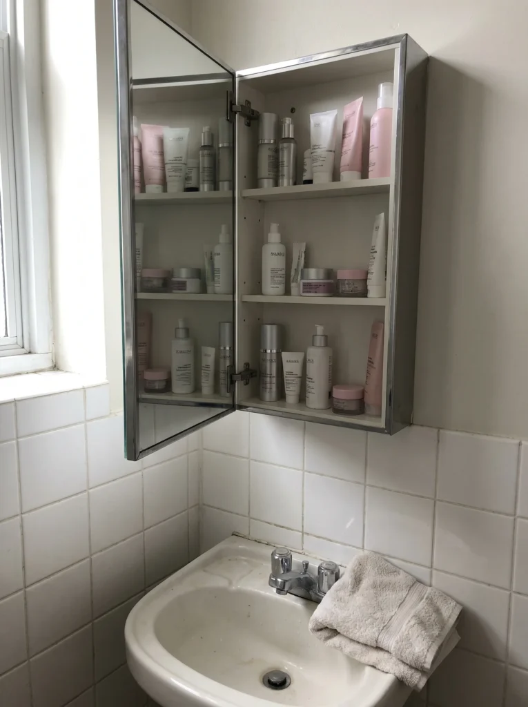 An open mirrored medicine cabinet above a small pedestal sink revealing three shelves of skincare bottles and toiletries, with white wall tile, a window on the left, and a folded towel resting on the sink edge