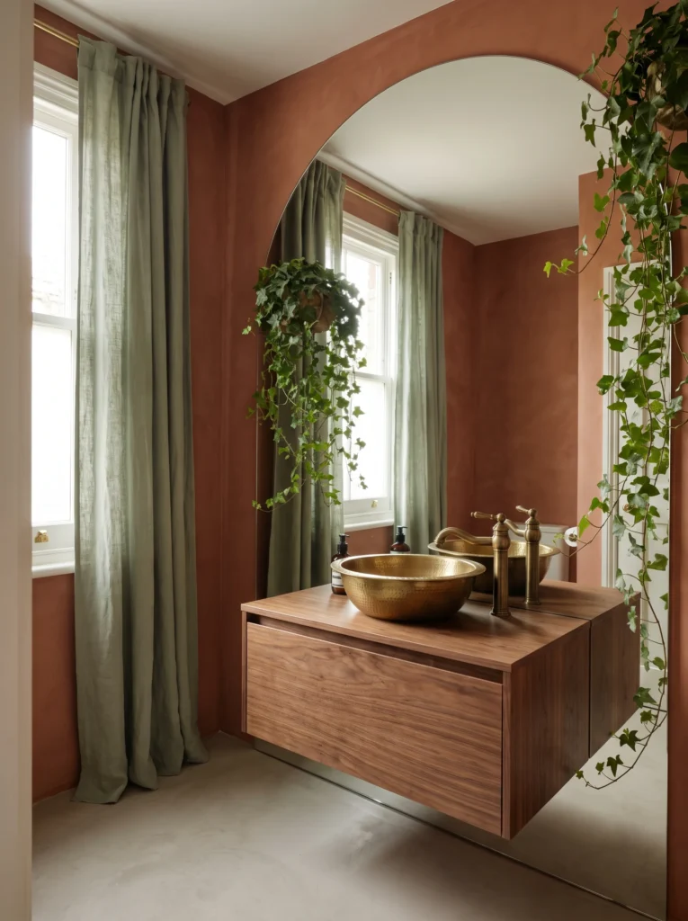 Terracotta Walls with Hammered-Brass Bowl Sinks