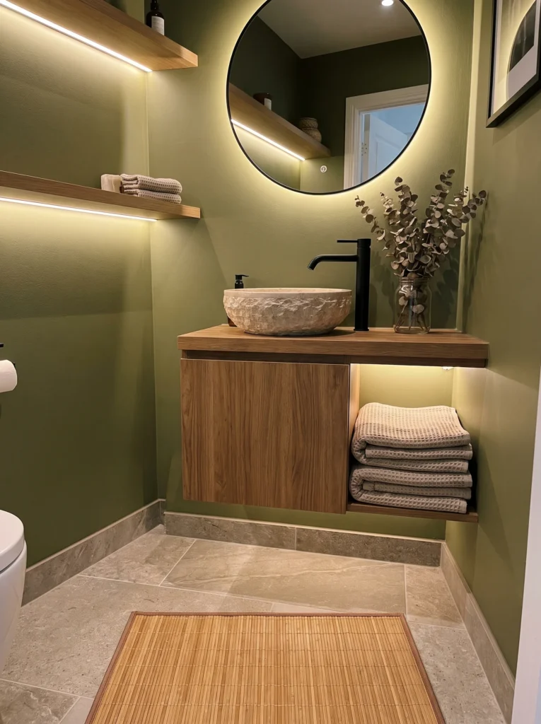 Olive green powder room with floating wood vanity, stone vessel sink, backlit round mirror, LED-lit wood shelves, black faucet, and stone floor