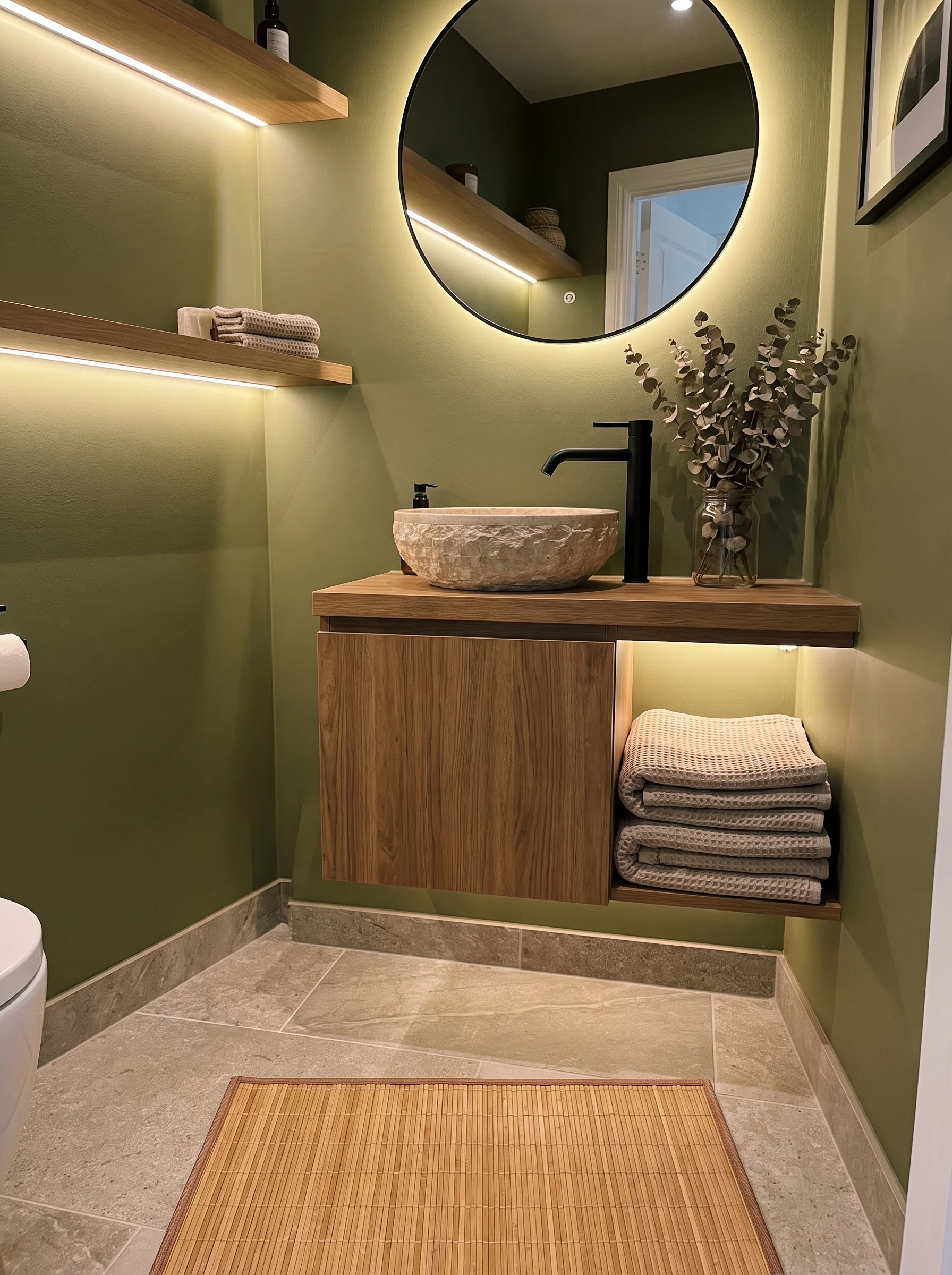 Olive green powder room with floating wood vanity, stone vessel sink, backlit round mirror, LED-lit wood shelves, black faucet, and stone floor